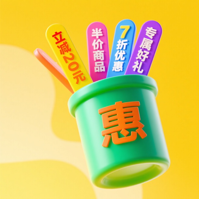 一个绿色的签筒，签筒上醒目地印着橙色的 “惠” 字，签筒里插着塑料签，上面写有 “立减 20 元”“7 折优惠”“半价商品”“专属好礼” 等字样，黄色背景。预览效果