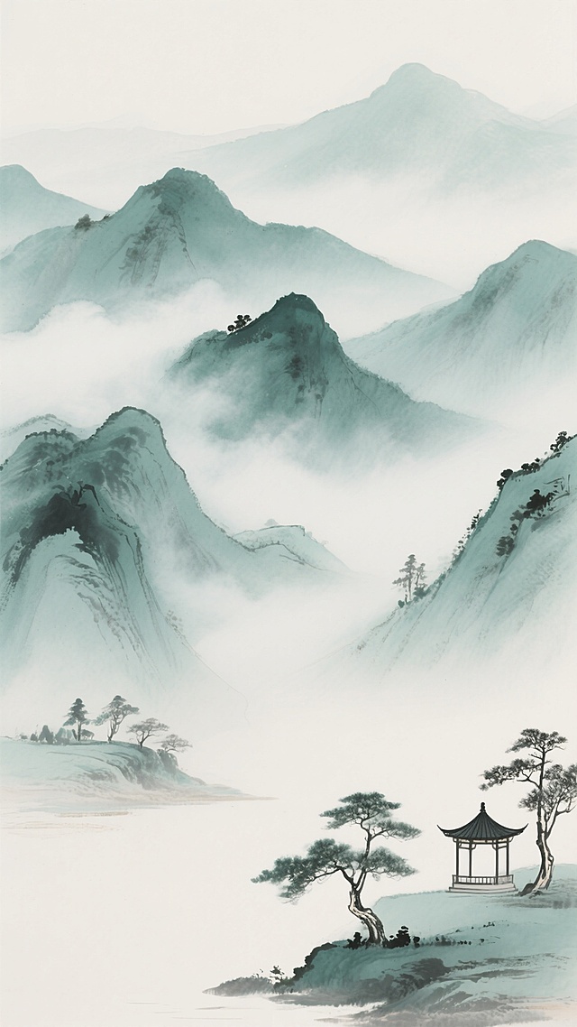 中国传统水墨风格山水背景，以淡墨和青绿色调为主，运用湿润的笔触和晕染技法描绘层叠起伏的山峦，山间云雾缭绕，呈现出朦胧缥缈的意境，右下角点缀几棵简约的树木和一座古朴的小亭，整体构图遵循中国山水画的留白与写意原则，营造出宁静悠远、淡泊雅致的中式古典氛围。