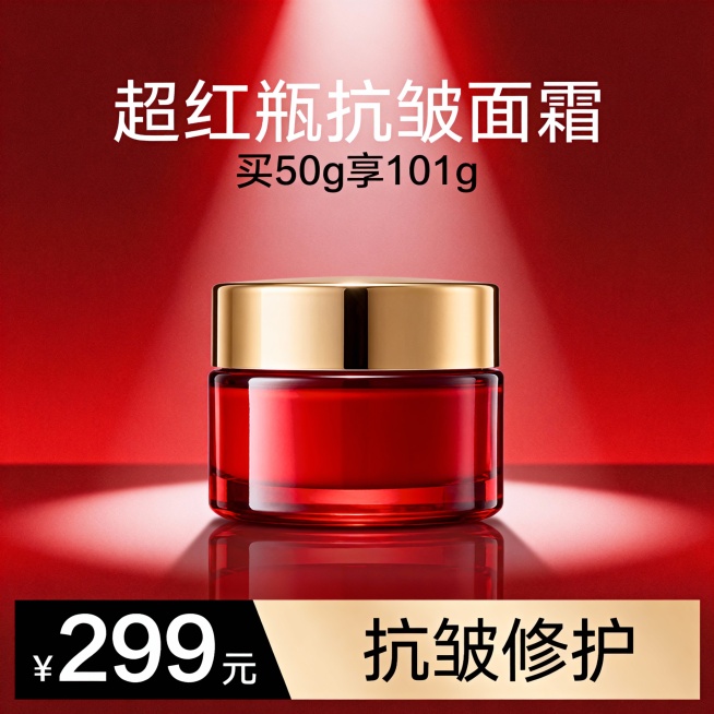超红瓶抗皱面霜电商主图，顶部核心信息区主标题“超红瓶抗皱面霜”，副标题“买50g享101g”，中部商品展示区居中放置红色瓶身面霜，瓶盖金色，瓶身有光泽质感，背景为渐变红色，底部辅助信息区通栏设计，通栏预览效果