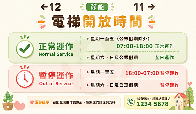 设计一个电梯开放时间告示牌，风格为【温馨生活风】。整体布局：浅米色暖色调背景，顶部标题「電梯開放時間」用圆润可爱的字体。主体分为上下两个柔和的圆角矩形区块。上方区块为淡绿色渐变背景，标题「正常運作 Normal Service」为翠绿色圆润字体，配一个绿色对勾图标，内容：星期一至五（公眾假期除外）07:00-18:00 正常運作；星期六、日及公眾假期 全日運作。下方区块为淡粉红色渐变背景，标题「暫停運作 Out of Service」为暖红色圆润字体，配一个红色时钟图标，内容：星期一至五 18:00-07:00 暫停運作；星期六、日及公眾假期 暫停運作。背景中央有一个大型半透明浅绿色回收节能图标（三箭头循环标志）作为水印，透明度约15%，柔和不突兀。顶部有电梯编号「←12 節能 11→」。底部有温馨提示和联系电话。整体温暖亲切，适合住宅大厦或社区中心。高清矢量风格。