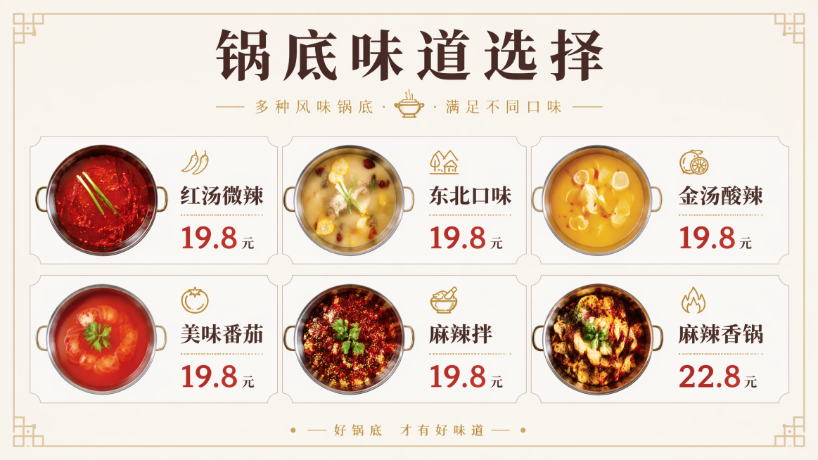 味道选择
红汤微辣19.8
东北口味19.8
金汤酸辣19.8
美味番茄19.8
麻辣拌    19.8
麻辣香锅22.8，重新生成一张图片预览效果
