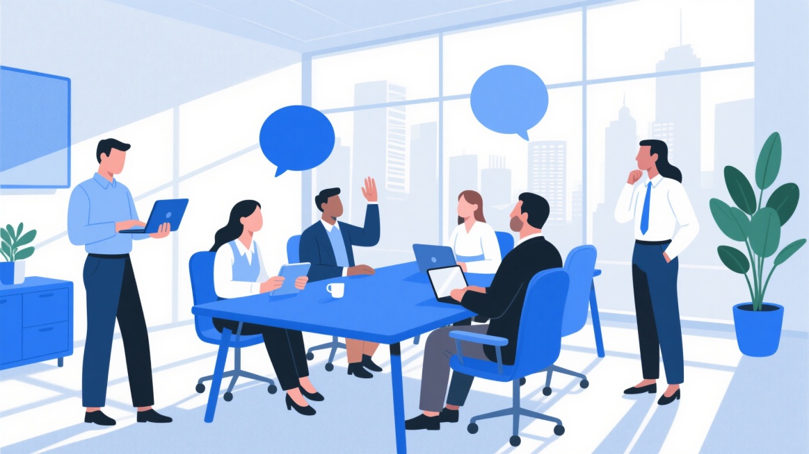 现代简约风格的办公场景插画，扁平化设计，明亮的蓝色主色调搭配白色和浅灰色，柔和的自然光从大型玻璃窗洒入，窗外可见城市建筑剪影。不同视角的办公环境：左侧站立使用笔记本电脑的男性，中央围坐在蓝色会议桌旁讨论的男女团队成员（一人手持平板电脑，一人操作笔记本电脑，一人举手发言），右侧站立思考的女性和双手插兜的男性主管。人物采用简约的线条勾勒，面部表情温和，穿着商务休闲服饰。场景中包含蓝色圆形对话气泡、……预览效果