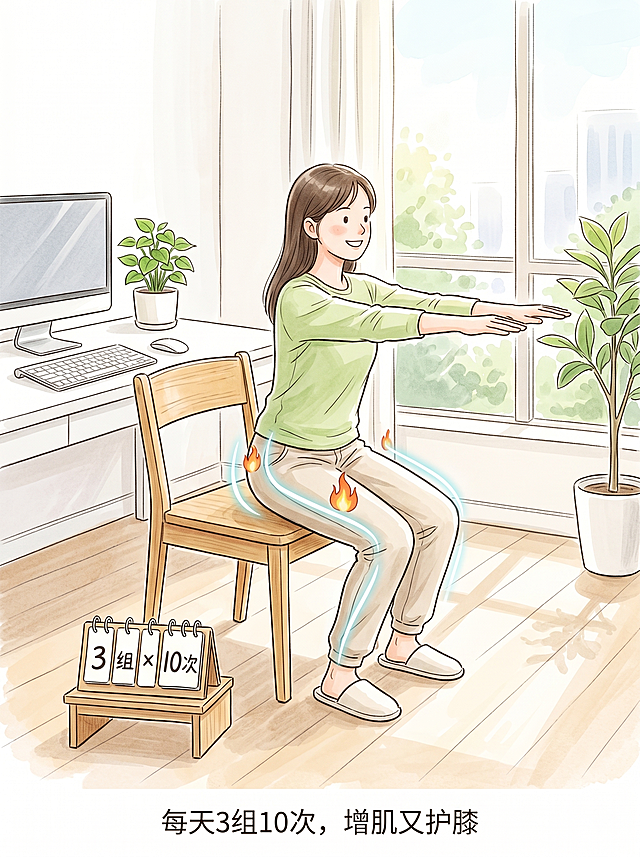 办公室或居家场景，一把稳固的无轮椅子，一位穿着日常服装的年轻女性正在做椅子深蹲：臀部轻触椅子边缘，双手向前平伸保持平衡，背部挺直，面带轻松的微笑。她的腿部肌肉处有一个简单的发光线条或小火焰图标，表示"大腿臀部在发力"。椅子旁边有一个小计数牌显示"3组×10次"。背景有电脑桌、绿植，窗外透进阳光。整体色调明亮温暖，浅木色、白色、淡绿色为主。画风为清新手绘插画风格，简洁活泼。画面下方写一行小字"每天3组10次，增肌又护膝"