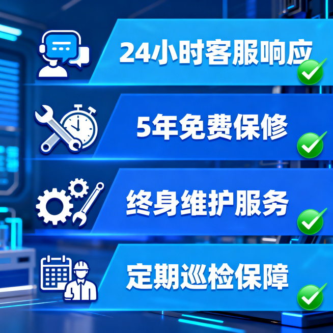 淘宝智慧厕所售后服务保障图，分四部分展示：1. 24小时客服响应 2. 5年免费保修 3. 终身维护服务 4. 定期巡检保障，用科技蓝主色调，几何无衬线字体，绿色对勾标记预览效果
