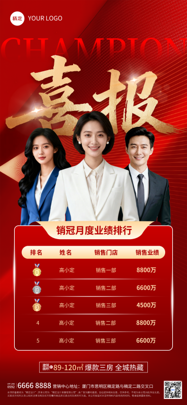 房地产销冠加推业绩表彰排行榜喜报全屏竖版海报预览效果