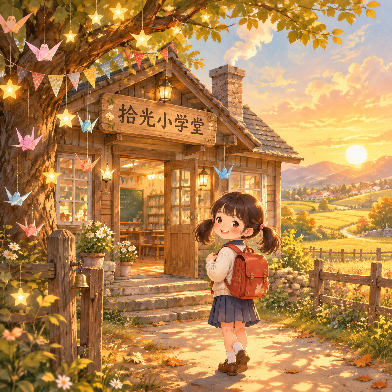 温暖童趣的手绘插画：一座乡村里的木质小学堂，屋顶烟囱飘出袅袅暖… - 图片创意预览