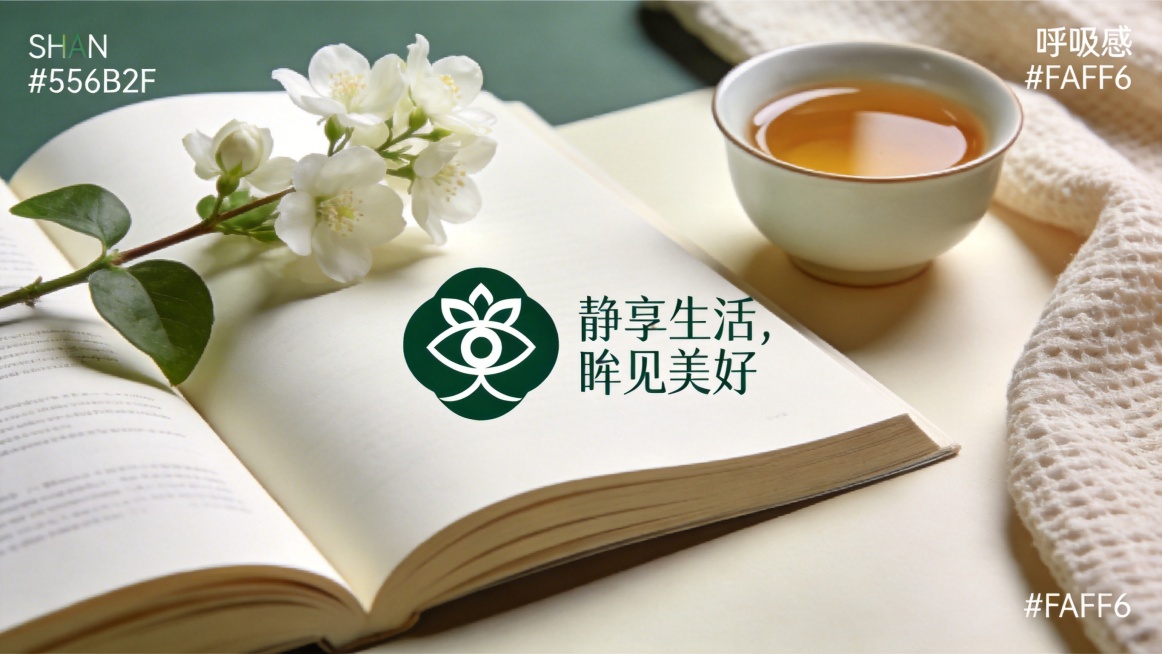 高品质静谧风海报设计，中央放置品牌Logo（茉莉花与眼睛融合图形），右侧放置Slogan，背景为有呼吸感的静物摄影：一本摊开的书旁摆放一枝茉莉花，搭配一盏茶和有质感的织物。整体色调以低饱和度豆沙绿苔藓预览效果