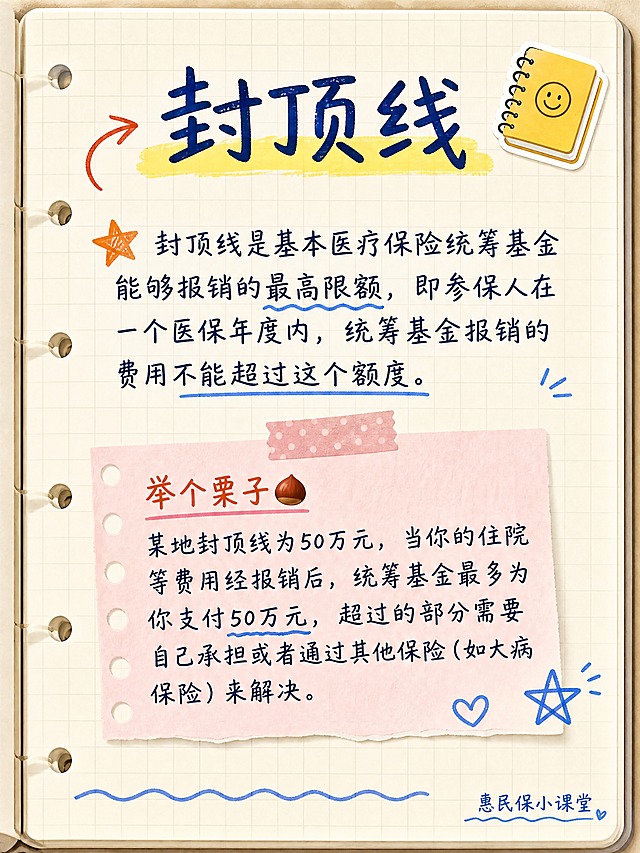 小红书笔记内页图，与参考封面完全一致的手账拼贴风格，浅米色方格笔记纸背景，左侧有活页圆孔，整体像翻开的手账本内页，版式精美，小红书笔记内页质感。顶部标题区：大号深蓝色马克笔手写体「封顶线」三个字，下方有黄色荧光笔色块高亮，标题左侧有红色手绘弯曲箭头装饰。正文内容分两部分排版，文字清晰可读：第一部分为定义说明，深蓝色手写体文字，内容为「封顶线是基本医疗保险统筹基金能够报销的最高限额，即参保人在一个医保年度内，统筹基金报销的费用不能超过这个额度。」，段落前加一个橙色五角星小图标。第二部分为举例说明，放在一个浅粉色便签纸样式的文本框里（带胶带贴纸装饰），标题为「举个栗子🌰」用橙红色手写体，正文为深蓝色手写体，内容为「某地封顶线为50万元，当你的住院等费用经报销后，统筹基金最多为你支付50万元，超过的部分需要自己承担或者通过其他保险（如大病保险）来解决。」。装饰元素：右上角贴一个黄色小笔记本emoji贴纸；右下角有蓝色手绘星星和小爱心涂鸦；底部有蓝色波浪线装饰；整体点缀少量圈点、下划线等手账涂鸦元素，位置克制不影响文字阅读。底部角落有小字「惠民保小课堂」。整体氛围：亲切干货、手账学习感、像自己整理的笔记。画质：高清细腻，信息层级清晰，文字与背景强对比，文字完整处于安全区内不可裁切，四周留安全边距。画面比例 3:4，4K。