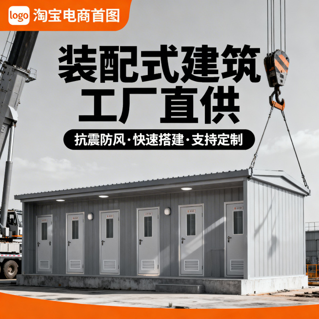淘宝电商首图，装配式镀锌方管吊装厕所，3秒抓眼球，夸张工业风光影，主标题"装配式建筑 工厂直供"，副标题"抗震防风·快速搭建·支持定制"，粗黑体大字，左上角留logo位，主色调工业灰+醒橙点缀预览效果