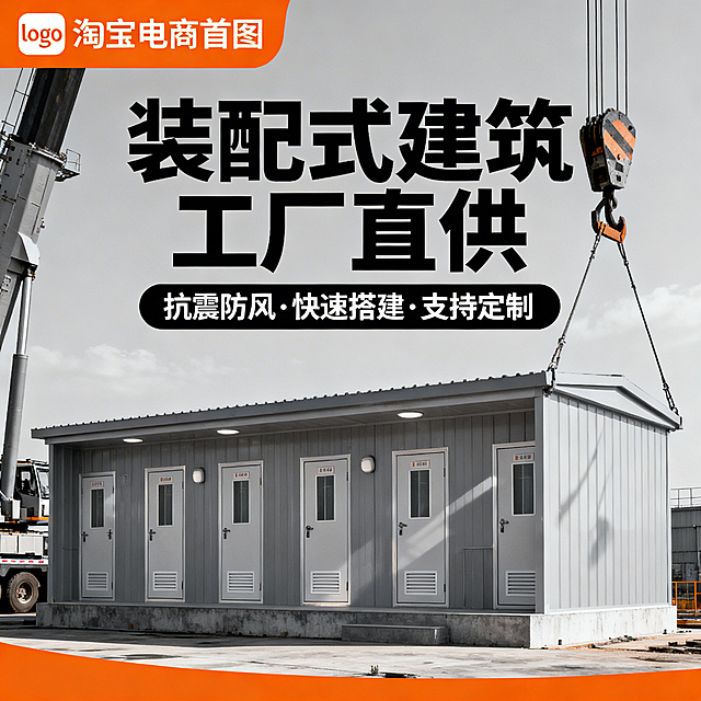 淘宝电商首图，装配式镀锌方管吊装厕所，3秒抓眼球，夸张工业风光影，主标题"装配式建筑 工厂直供"，副标题"抗震防风·快速搭建·支持定制"，粗黑体大字，左上角留logo位，主色调工业灰+醒橙点缀