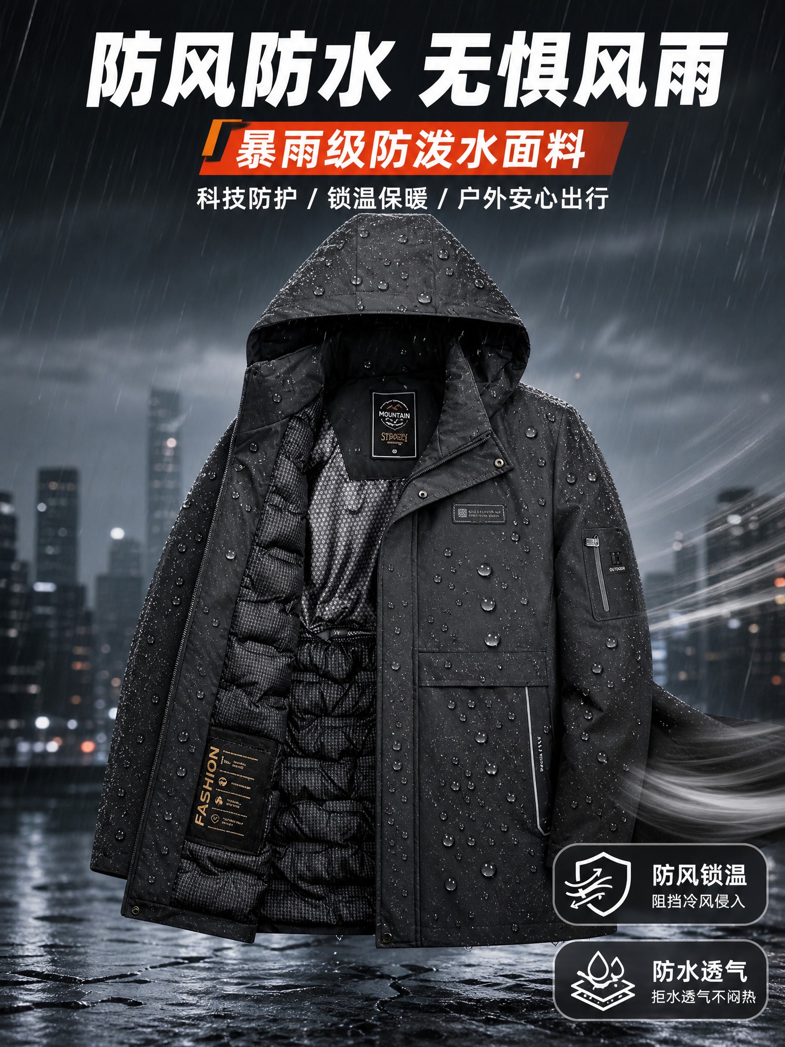 [主图-5] 黑色老爷车男士中长款连帽棉服防风防水功能演示图，… - 图片创意预览