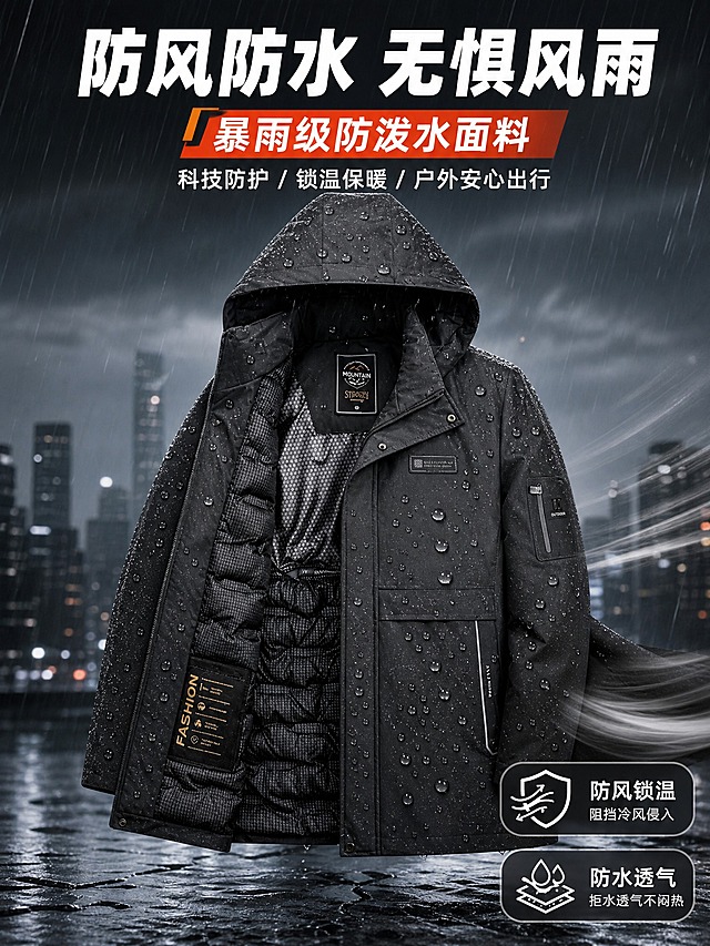[主图-5] 黑色老爷车男士中长款连帽棉服防风防水功能演示图，直观展示防水防风效果。
[统一基调] 拼多多风格，大字醒目，高性价比感，户外机能风；背景主色为深炭灰渐变，标题字色为白色加粗，辅助字色为浅灰色，强调色为橙红色；字体为粗黑体无衬线，字号层级分明；卡片为圆角半透明深色底配白色图标，整体硬朗户外感。
[画面] 黑色棉服正面展示，位于画面中央，占画面约60%；衣服表面有模拟雨滴滑落的效果，水珠在面料上滚动不渗透，直观展示防水性能；背景为雨天户外场景，有细雨和朦胧的城市轮廓，营造真实雨天氛围；右侧有风吹动衣摆的动态感，体现防风效果。
[光影质感] 商业摄影质感，雨天漫射光效果，衣服表面水珠晶莹有光泽，黑色面料防水涂层质感真实，整体冷调湿润感。
[配色] 炭灰色雨天背景，黑色衣服，透明水珠带高光，白色标题文字，橙红色强调；整体冷调雨天氛围。
[文字版式] 画面上方大标题"防风防水 无惧风雨"白色粗黑体居中；主标题下方橙红色副标题"暴雨级防泼水面料"；右下角配两个小图标说明："防风锁温"、"防水透气"；文字不遮挡衣服主体。
[输出要求] 比例3:4，文字清晰可读，产品清晰完整，无变形，无错字，无模糊，无杂乱元素，无水印，无平台Logo，无拼多多官方标识。