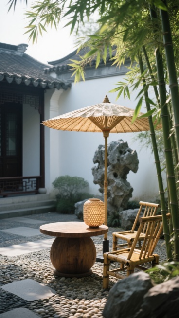 中国传统庭院，午后阳光透过茂密竹叶洒落斑驳光影，古朴竹编遮阳伞下，摆放着圆形木质矮桌和藤编灯笼，旁边配简约木椅，背景是白墙灰瓦的中式建筑和形态自然的假山石，地面铺着细小鹅卵石，整体呈现静谧禅意的东方美学氛围，色调以青灰、原木色和竹绿色为主，光影柔和，构图采用前景竹叶局部遮挡营造层次感，画面传递出悠然闲适的庭院生活意境。预览效果