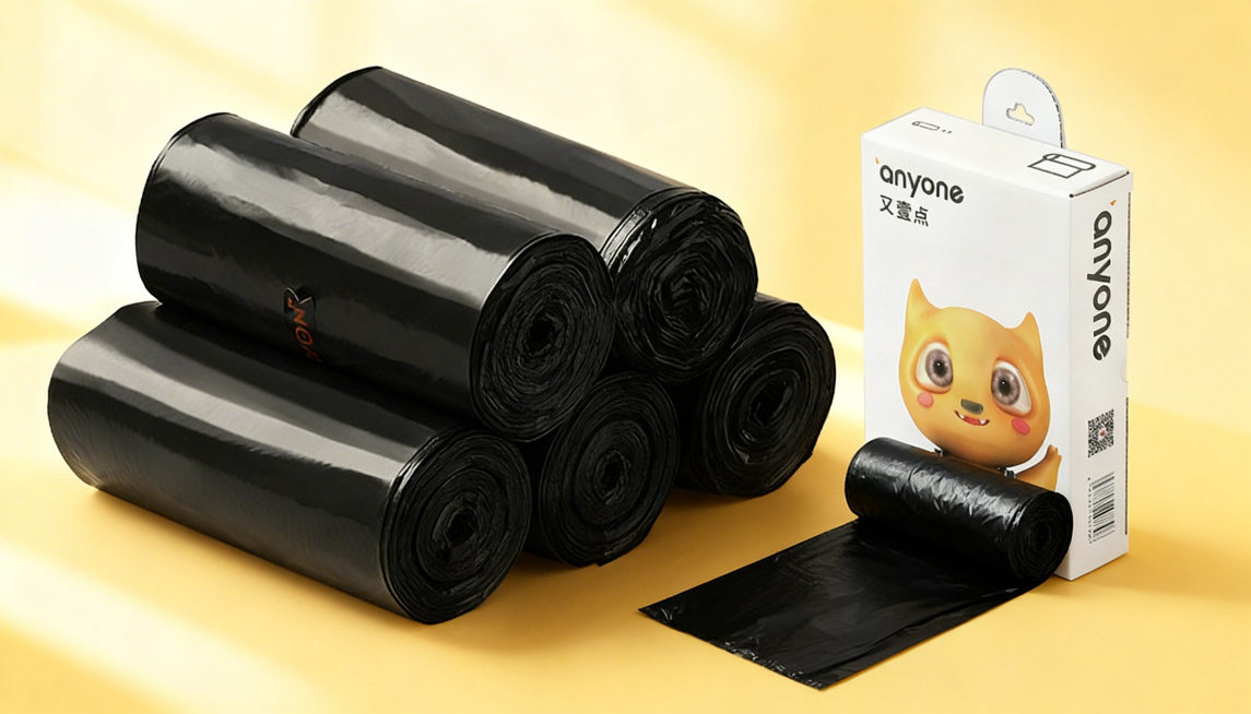 电商垃圾袋Banner，主题为家居日用，包含用户提供的黑色垃圾袋产品，风格温馨可爱，具备电商营销吸引力，尺寸727*416像素，画面干净突出产品，符合家居日用品类调性，图片大小不超过150KB预览效果