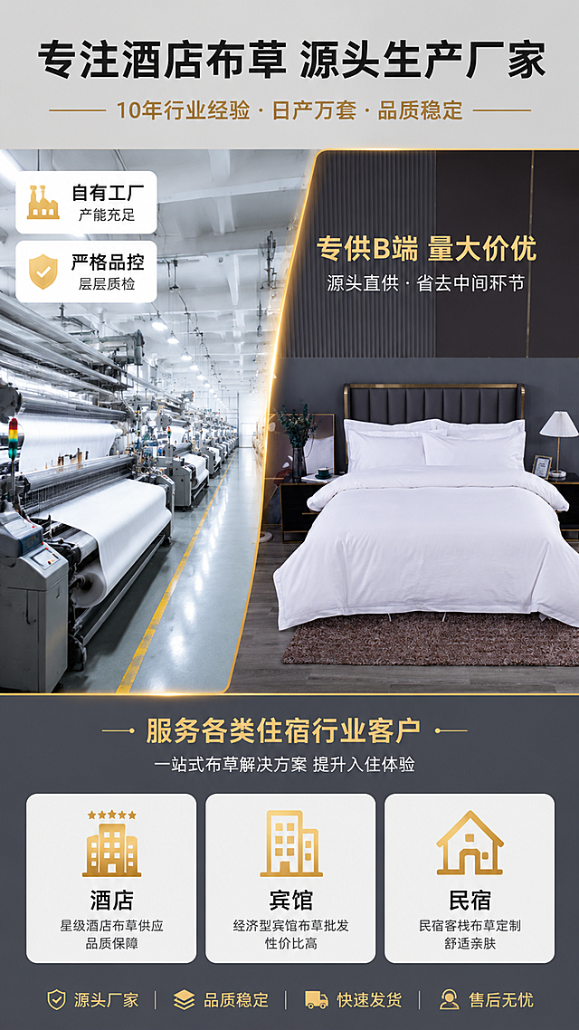 [第2屏] 厂家实力与B端客户定位 - 突出源头工厂直供酒店宾馆民宿客户。本屏使用【图1】作为产品展示元素，保持纯白四件套外观与原图一致。
[氛围/风格] 商务工厂实力风，专业可信，B端批发感，工业与品质结合，商业摄影质感。
[元素布局] 画面左侧为现代化纺织工厂车间场景（大型织布机、整齐的生产线、白色布料卷），占画面约45%；右侧展示本款纯白四件套铺床效果缩略图，占比约35%；中间用金色分割线过渡；画面顶部为大标题区，底部为客户群体图标展示。
[光影质感] 工厂区域采用明亮工业冷白光，产品区域采用暖柔酒店光，两种光线自然过渡，整体清晰明亮，突出专业感与品质感。
[配色色系] 全局底色以高级灰为主，搭配白色与金色点缀；主色灰色工业风，辅助色白色产品，点缀金色线条与图标。
[视角构图] 左右分栏构图，左工厂右产品，阅读动线从上到下：标题 → 左工厂实力 → 右产品展示 → 底部客户群。
[文字版式] 顶部居中主标题「专注酒店布草 源头生产厂家」，加粗黑体；副标题「10年行业经验 · 日产万套 · 品质稳定」；左侧工厂区域配文「自有工厂 产能充足」「严格品控 层层质检」；右侧产品区域配文「专供B端 量大价优」；底部横向排列三个客户图标：「酒店」「宾馆」「民宿」，各配简短说明。
[比例分辨率] 9:16竖版比例，4K分辨率，文字清晰可辨，高清画质。
[负向提示词] 产品变形，颜色偏差，水印，文字错乱，文字过小，人物面部模糊，工厂场景脏乱，结构错误。