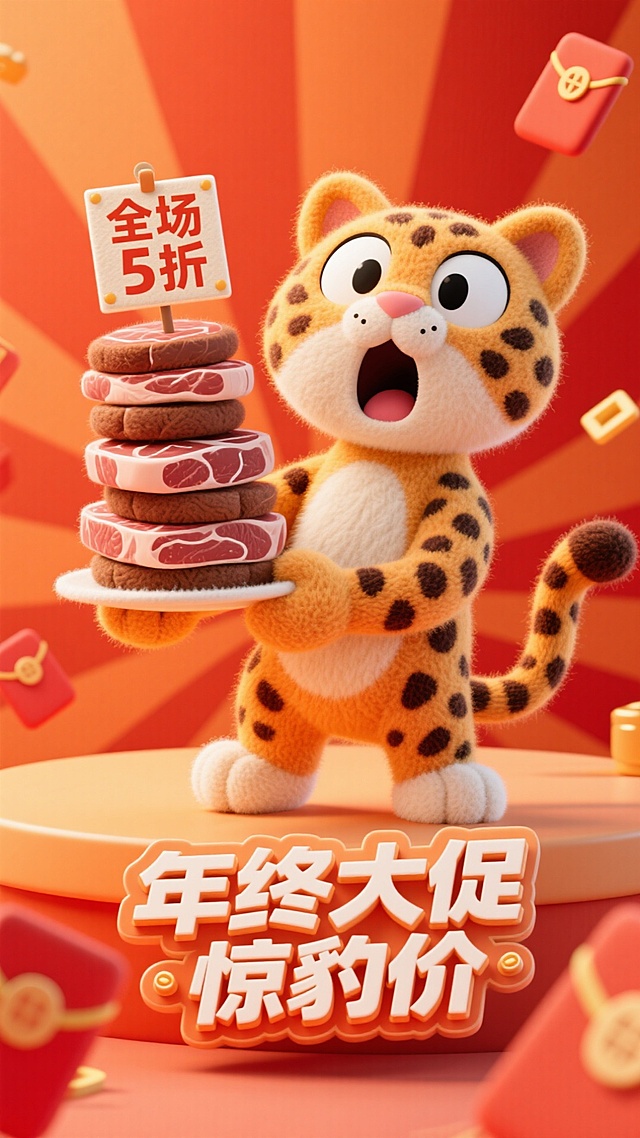一只卡通豹子惊讶表情，拿着垒起来的一堆牛排，最上方牛排插着一个带“全场5折”的牌子，促销感橙红背景，放射线、红包元素点缀，画面下方3D文字标签“年终大促 惊豹价”。