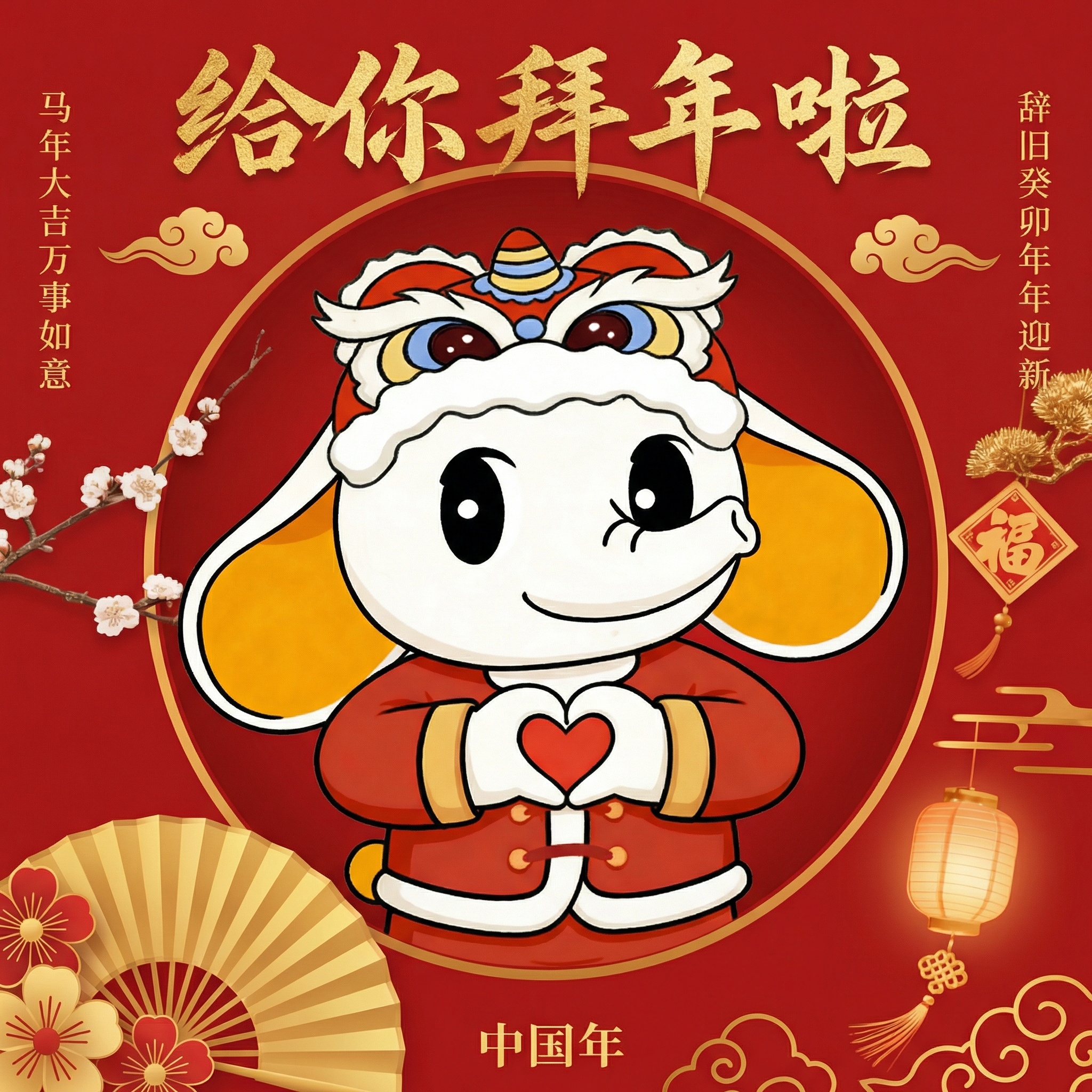 将图中的人物替换为图里的拜年小象，保持原海报的红色背景、金色文… - 图片创意预览