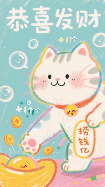 一只毛绒招财猫做着“捞钱”动作，每捞一下，爪尖就蹦出一个可爱的Q版字体：“+1个亿”，这些字样像气泡一样飘起然后消失。背景上有半透明的“恭喜发财”字样循环浮动。预览效果