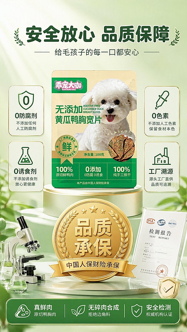 [第7张] 详情页信任背书-安全保障展示页。本张使用【图1】作为商品主体。
[氛围/风格] 专业可信风，绿金配色，安全感与品质感，商业设计质感。
[元素布局] 产品包装袋置于画面中央偏上，占比约40%；产品下方有一个金色圆形徽章；左右两侧各有两个信任图标卡片；背景为浅绿渐变，有淡淡的光线效果；底部有品质检测相关装饰元素；产品外观与输入图一致。
[光影质感] 均匀柔光，产品清晰立体，徽章有金属光泽，整体干净专业。
[配色色系] 全局底色 #E8F5E9 浅绿；主色深绿 #2E7D32；辅助色金色、白色。
[视角构图] 正面居中对称构图，上产品下信任元素，阅读动线从上到下。
[文字版式] 顶部主标题「安全放心 品质保障」，圆润粗黑体深绿色；副标题「给毛孩子的每一口都安心」；四个信任标签分别为「0防腐剂」「0诱食剂」「0色素」「工厂溯源」，配对应图标；中央大徽章「品质承保」金色醒目；底部小字「真鲜肉 无碎肉合成」；文字清晰，层级分明。
[比例分辨率] 9:16 竖版比例，4K分辨率，文字清晰可辨，高清画质。
[负向提示词] 产品变形，文字错乱，图标模糊，水印，颜色偏差，排版杂乱。