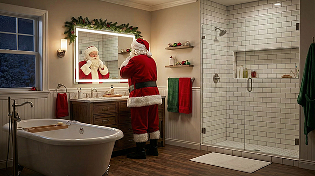 比例 「16:9」美国浴室场景，LED灯镜，浴池，淋浴房，圣诞老人在照镜子，穿着圣诞服装，少加一点圣诞元素装饰，美式风格，四张图，高清，2000x920像素，8k，轮播图，专业摄影，高级