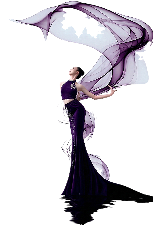 将背景中的黑色纱带也修改为和礼服一致的紫色，保留图片原有构图、人物造型、银色装饰和水面倒影效果