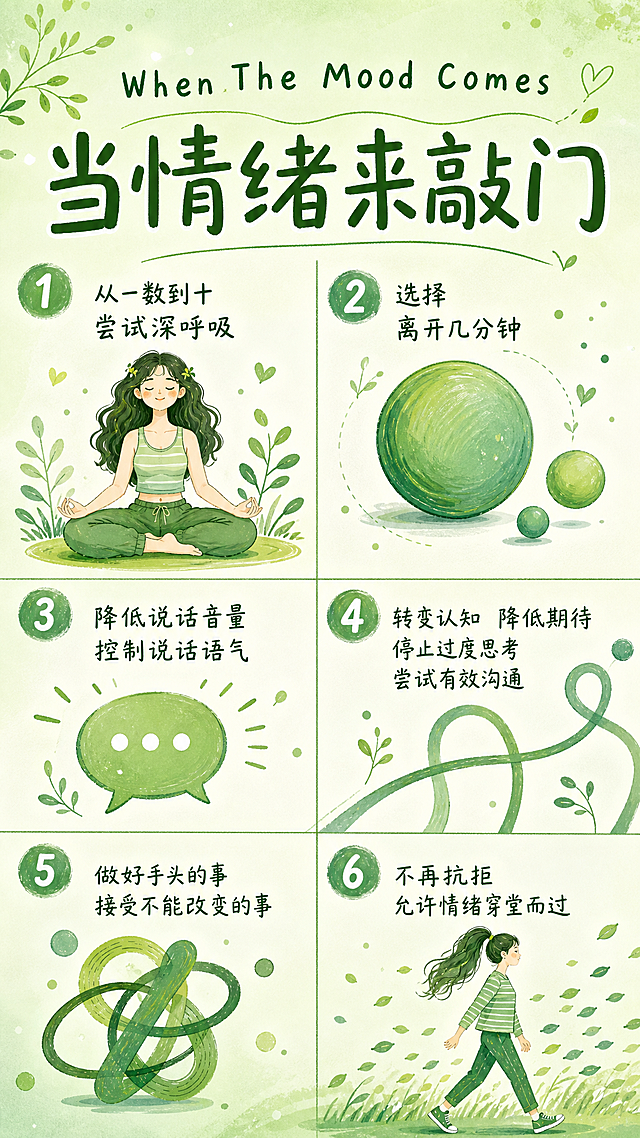 基于参考图的分镜漫画版式重新设计，整体改为清新绿色主色调的情绪管理主题海报。保留六格分镜布局，所有插画人物和元素全部改为绿色系配色，与绿色背景协调。顶部英文标题"When The Mood Comes"，主标题大字"当情绪来敲门"。六个分镜内容：1.左上：盘腿冥想女孩，配文"从一数到十 尝试深呼吸"；2.右上：大小圆球，配文"选择离开几分钟"；3.左下：对话气泡图标，配文"降低说话音量 控制说话语气"；4.右中：曲线图形，配文"转变认知 降低期待 停止过度思考 尝试有效沟通"；5.左下：缠绕圆环，配文"做好手头的事 接受不能改变的事"；6.右下：走路女孩，配文"不再抗拒 允许情绪穿堂而过"。背景为柔和浅绿色渐变背景，手绘插画风，治愈系绿色调统一和谐，版式精美，所有文字清晰可读，内容完整丰富。