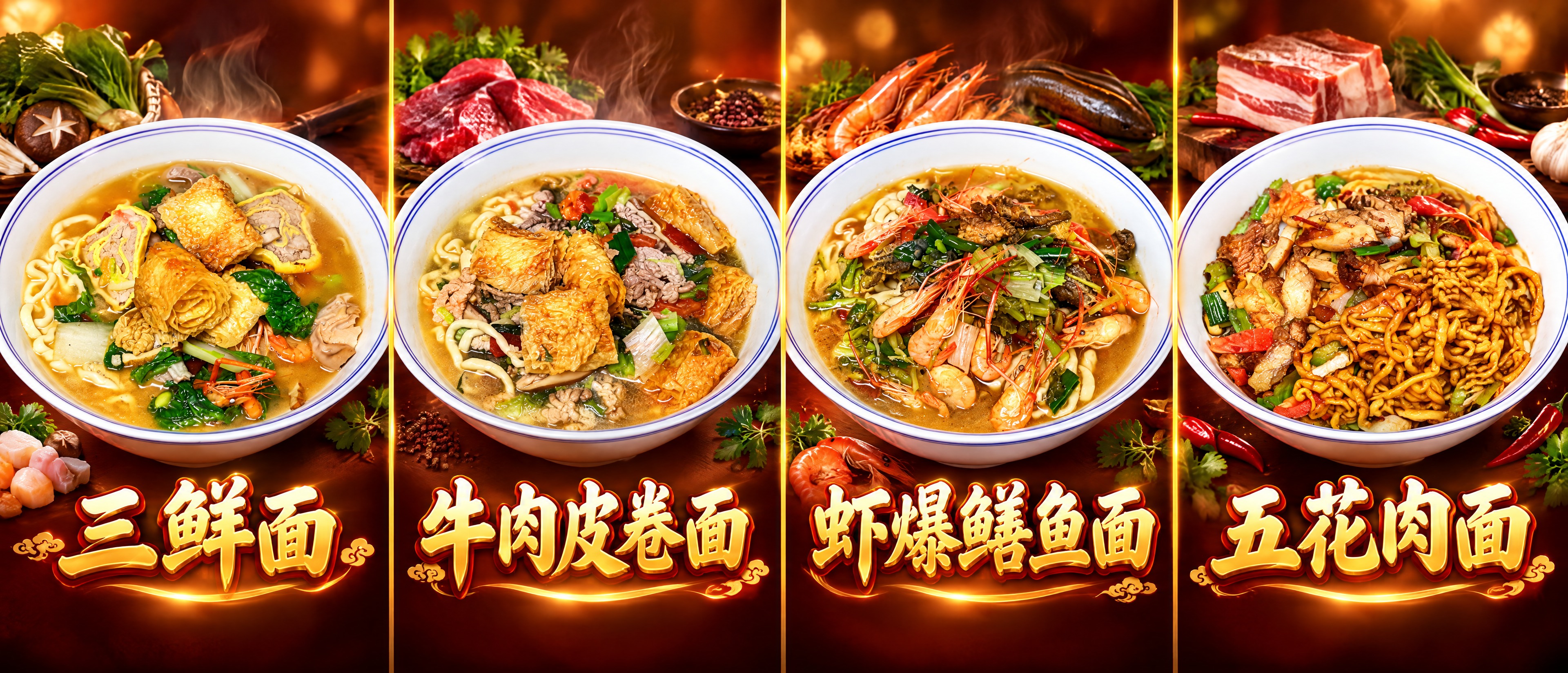 将提供的四张面条菜品照片（图1三鲜面、图2牛肉皮卷面、图3虾爆… - 图片创意预览