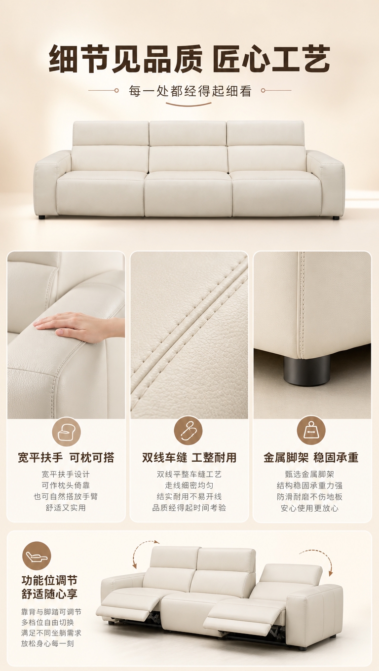 [商品] 使用【图1】米白色皮质三人位功能沙发；重点展示扶手、… - 图片创意预览