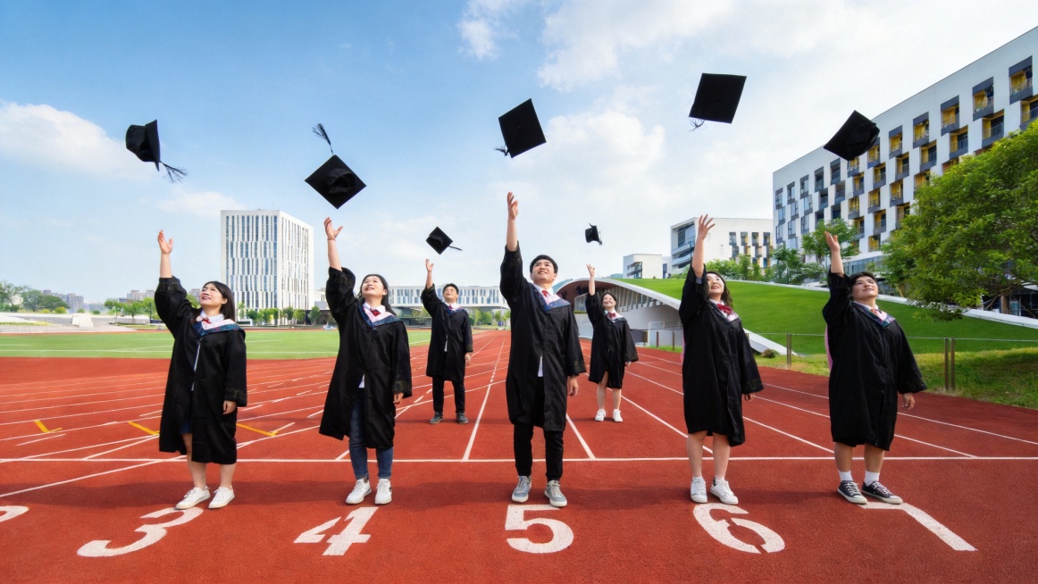 在原图的跑道上，增加多位大学生，身穿学士服，向上抛学士帽。整体画面自然抓拍的感觉，自然欢快，保留原图的校园跑道和建筑背景预览效果