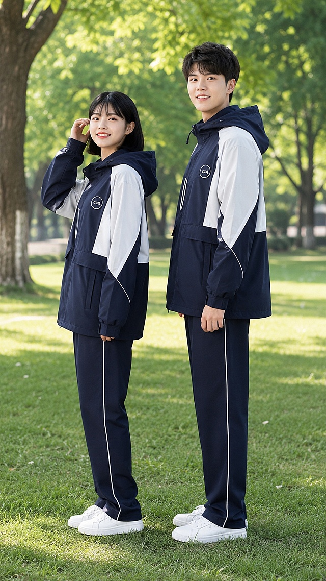 [主图-2] 校园场景双人侧身合照展示校服套装侧面版型。
[氛围风格] 自然清新高级感，青春校园松弛氛围感，自然抓拍的年轻模特合照。
[画质] 商业摄影质感，光线柔和通透，产品清晰真实，画面干净高级，保留模特五官清晰。
[元素] 一男一女两位年轻亚洲学生模特，侧身站立在校园林荫草地旁，身体微侧展示校服侧面版型。女生左手轻撩头发，男生双手自然垂落。模特穿着提供的藏青白拼色连帽校服外套，裤子使用提供的通用藏青色冬裤（侧边带白细条纹），胸前圆形logo印有清晰的字母"CCQ"。保持外套和裤子的颜色、材质、外观结构与提供的产品图绝对一致，杜绝任何变形和色差，精细化处理。商品主体占比控制在70%左右，画面满屏无边框。背景为干净的校园绿草地和树木。
[光影] 上午柔和自然漫射光，整体光线均匀柔和，突出服装侧面线条。
[配色] 主色调为藏青和白色，背景自然绿色点缀，整体干净清爽。
[视角构图] 全身侧身平视，人物和服装侧面为视觉中心。
[文字版式] 不添加额外文案，保持产品展示干净。
[输出要求] 9:16比例，文字清晰可辨，超高清商业摄影质感。
[负向提示词] 变形，文字错乱，产品图模糊，背景杂乱，水印，电商平台Logo，人物换脸，服装颜色失真。