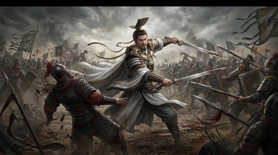 将图中的三国刘备角色放到古战场中，刘备手持双股剑正在厮杀敌方兵将，游戏宣传CG风格，画面大气，战争氛围浓厚预览效果