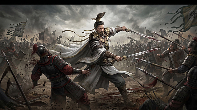 将图中的三国刘备角色放到古战场中，刘备手持双股剑正在厮杀敌方兵将，游戏宣传CG风格，画面大气，战争氛围浓厚