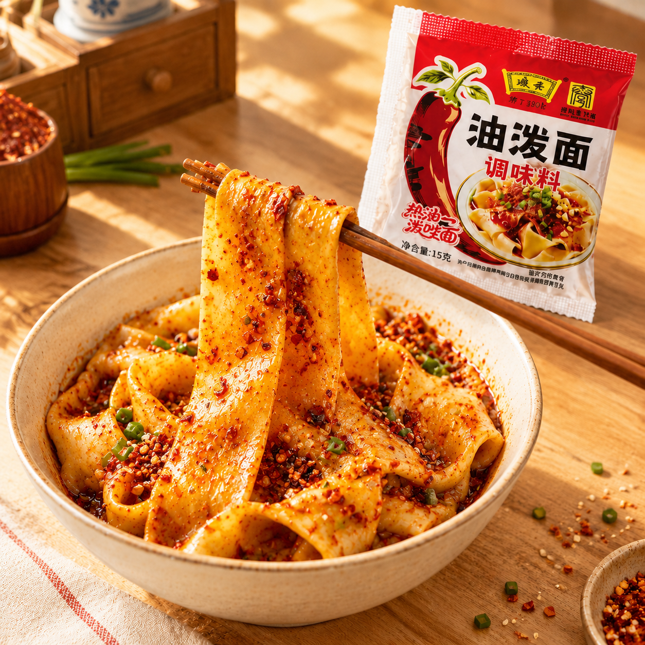 超写实美食摄影。 主体：油泼面调味料包装袋与一碗陕西油泼宽面严… - 图片创意预览