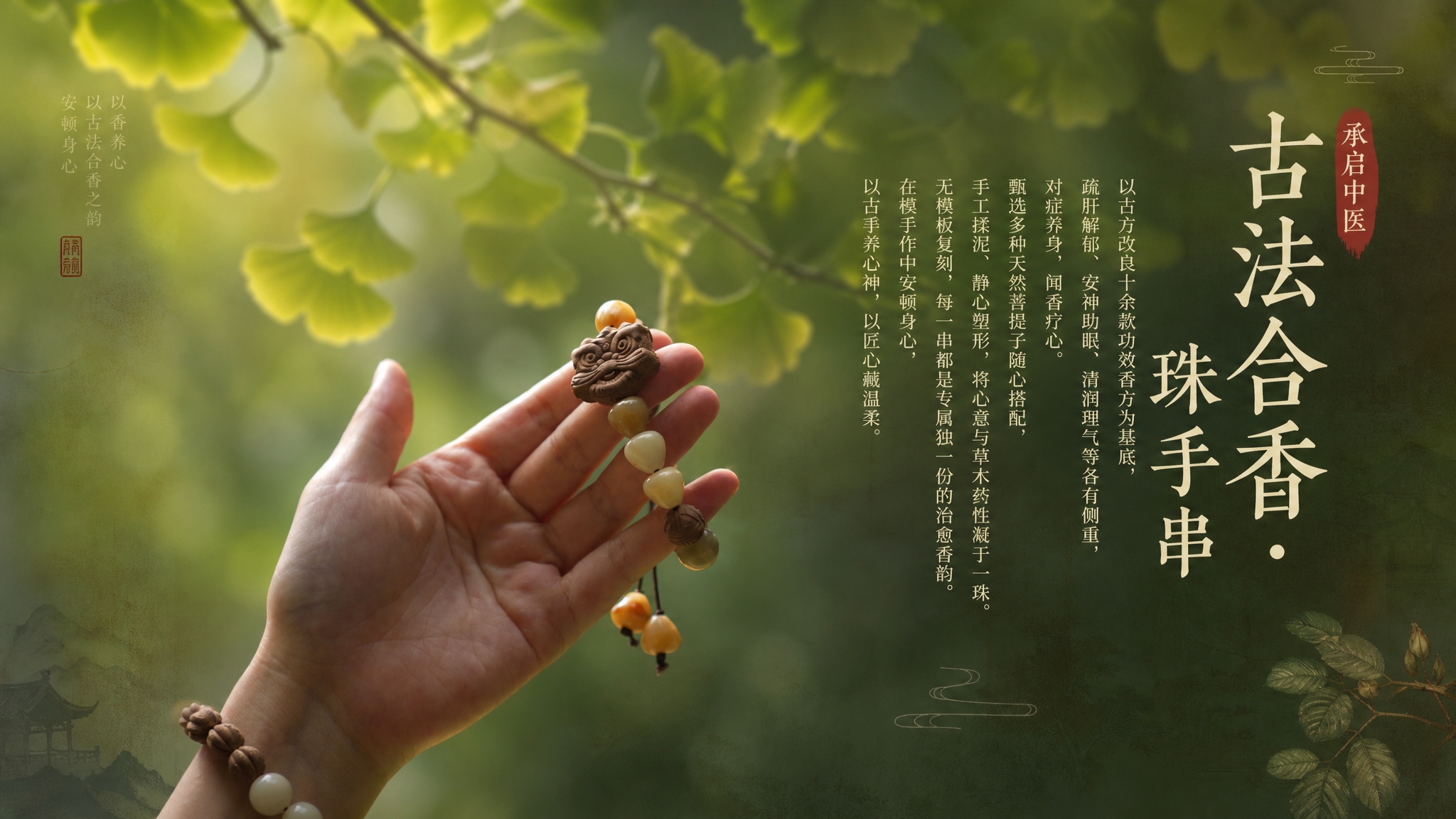 基于这张手持合香珠手串的照片，扩展为一张中式国风禅意海报。保留… - 图片创意预览