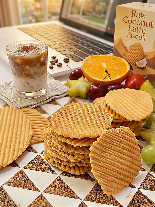 为这款生椰拿铁薄脆饼干设计产品详情页场景图，桌面下午茶场景搭配咖啡和水果，饼干堆叠展示，营造休闲美味氛围，暖调清新风格，电商美食摄影