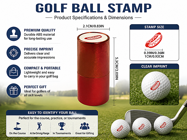 Amazon product detail image shows product specifications and dimensions of golf stamp, all text English, clear layout, golf theme, size 600x450