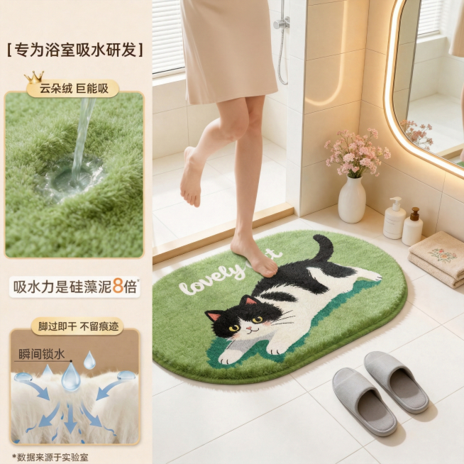 完全复刻参考图一的左栏垂直分层卖点图文模块+右栏浴室主场景图的左右分栏排版，严格保持所有卖点模块位置、大小、文案、内容完全不变：顶部标题'[专为浴室吸水研发]'，皇冠标签'云朵绒 巨能吸'，卖点文字'预览效果