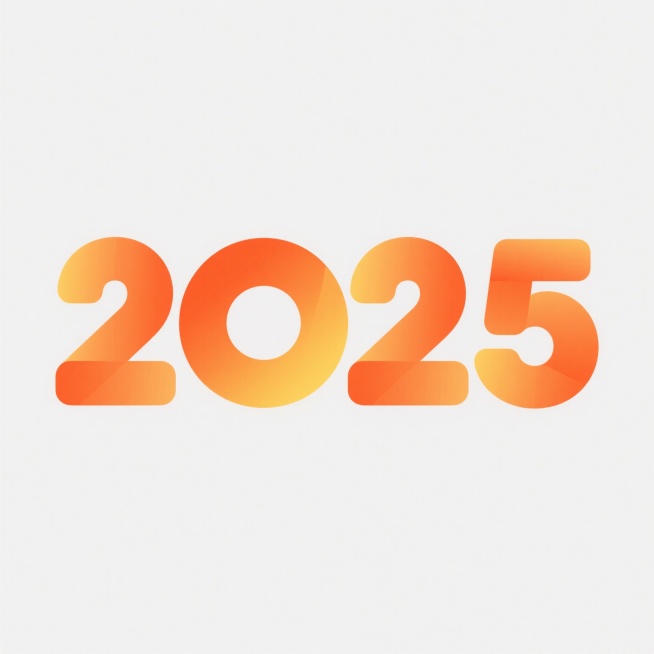 纯橙色渐变数字“2025”，采用圆润无衬线字体设计，单个数字以半透明渐变橙色圆形和几何色块组合构成，色彩从明亮的橙黄色向温暖的橘红色平滑过渡，具有柔和的高光和渐变光影效果，整体呈现简洁现代的设计感，背景为纯白色，数字排列紧凑且具有视觉连贯性，无任何文字、logo、二维码及额外装饰元素。预览效果