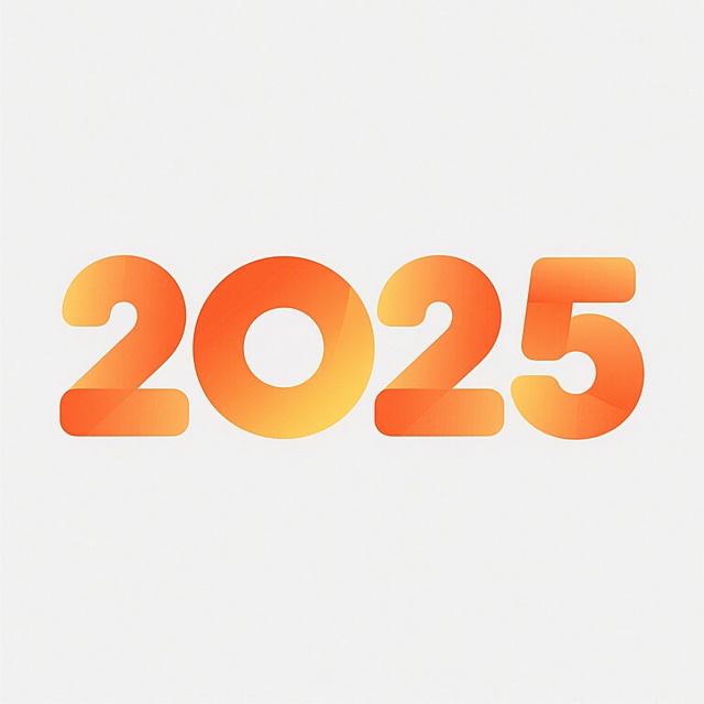 纯橙色渐变数字“2025”，采用圆润无衬线字体设计，单个数字以半透明渐变橙色圆形和几何色块组合构成，色彩从明亮的橙黄色向温暖的橘红色平滑过渡，具有柔和的高光和渐变光影效果，整体呈现简洁现代的设计感，背景为纯白色，数字排列紧凑且具有视觉连贯性，无任何文字、logo、二维码及额外装饰元素。