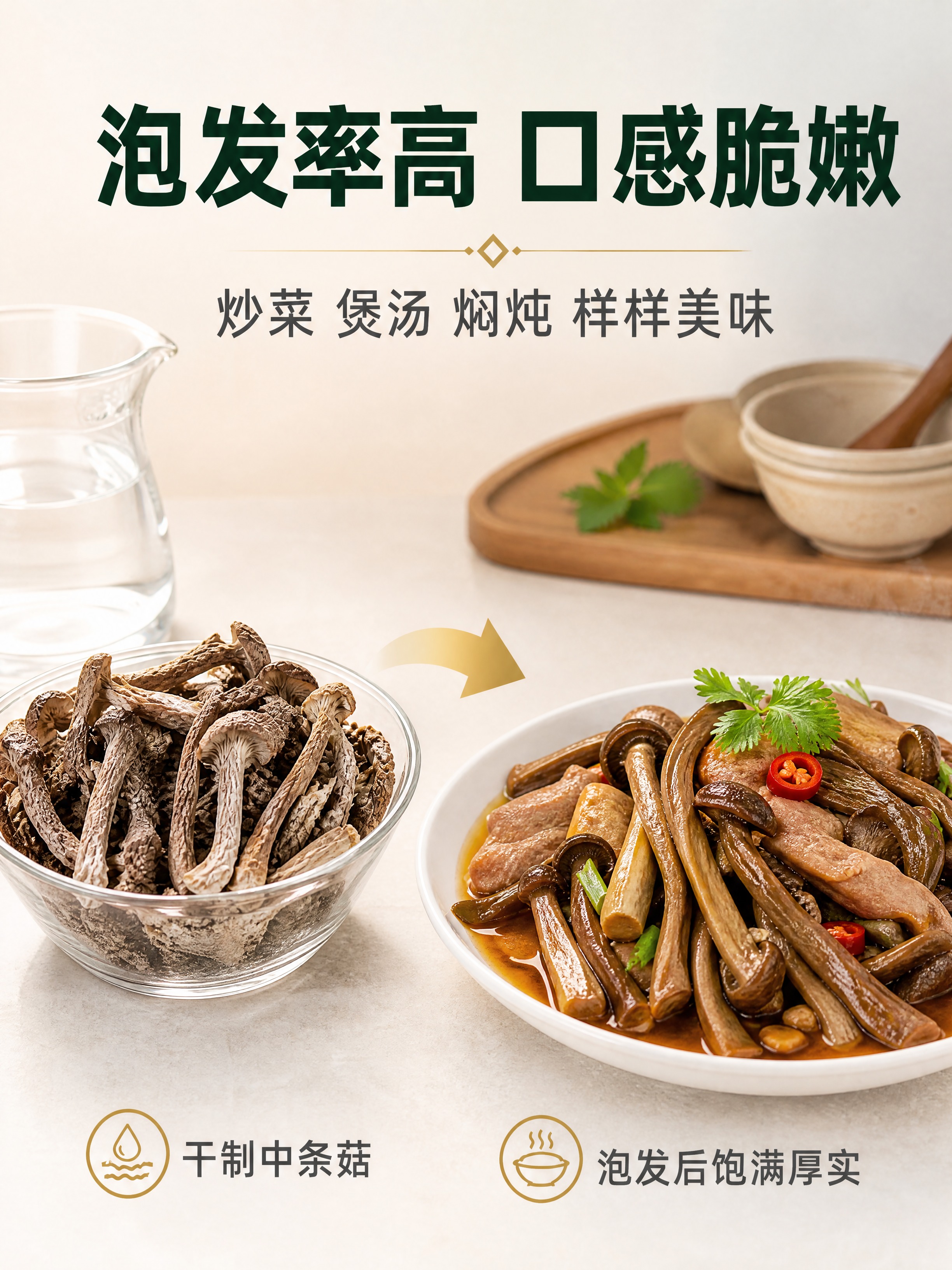 [商品] 使用【图2】中的干制中条菇（左碗）和泡发烹饪后鹿茸菇… - 图片创意预览