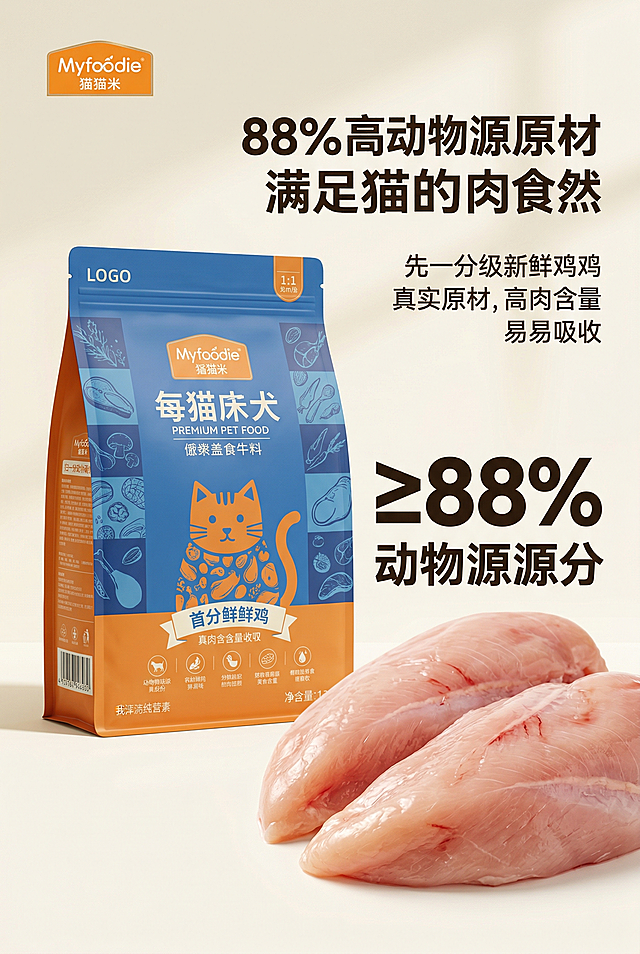 2:3 竖版，高端宠物食品详情页，延续统一视觉风格。主视觉展示严格还原的麦富迪猫粮包装（严格还原包装设计、颜色、LOGO 位置、文字内容、图案元素等所有细节，去掉无关的背景杂物或者手，尺寸比例保持 1:1），搭配新鲜带血丝的鲜鸡胸肉特写食材图，突出「第一成分鲜鸡肉」，用超大加粗字体标注「≥88% 动物源成分」，背景用浅米白 + 暖调自然光影，营造新鲜、高品质的氛围，画面高清 8K，质感真实，光影自然。主标题「88% 高动物源成分 满足猫咪肉食天性」右对齐，副标题「第一成分鲜鸡肉 真材实料 高肉好吸收」右对齐放在主标题下方，整体留白舒适，视觉冲击力强，信息层级分明。禁止产品包装变形、禁止文字错误、禁止食材不新鲜、禁止背景杂乱、禁止色彩突兀、禁止画面模糊、禁止风格割裂、禁止低分辨率、禁止多余杂物、禁止文字居中。