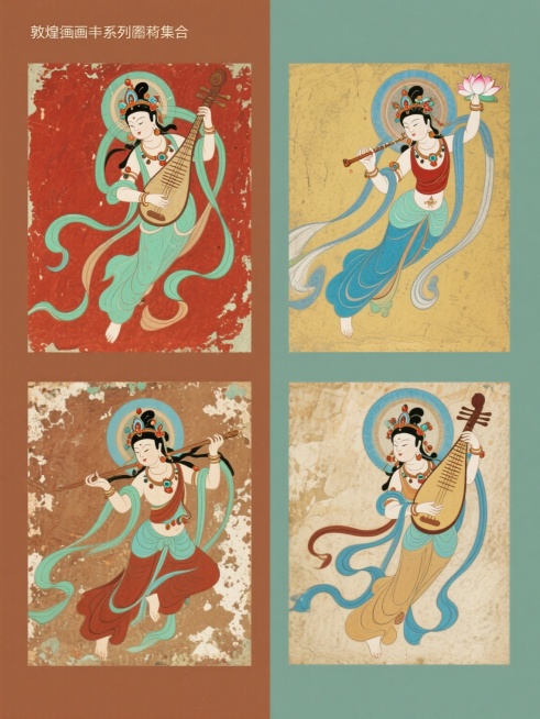 敦煌壁画风格系列素材集合，规整排布于纯色背景之上，整体色彩变换为四个不同色调组合。每幅画面均保持唐代飞天仕女的经典元素类目与壁画质感：剥落的矿物颜料纹理、古朴的线条勾勒、飘逸的飘带与华丽的珠宝装饰。第一幅以朱砂红与石绿为主色调，展现反弹琵琶的飞天；第二幅采用藤黄与靛蓝配色，描绘手捧莲花的伎乐天；第三幅运用赭石与群青组合，呈现吹奏笙箫的飞天仙子；第四幅则以石青与土黄为基调，刻画手持箜篌的仙女形象……预览效果