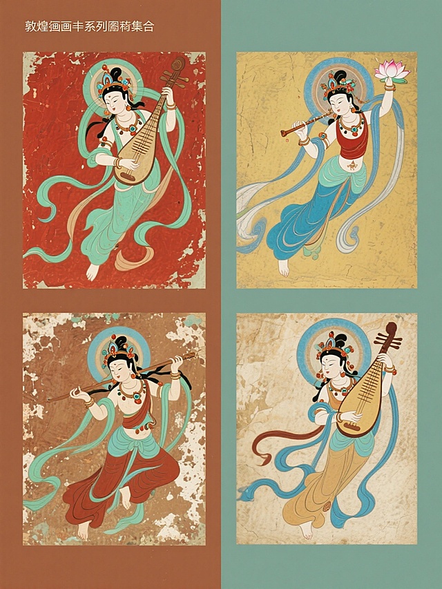 敦煌壁画风格系列素材集合，规整排布于纯色背景之上，整体色彩变换为四个不同色调组合。每幅画面均保持唐代飞天仕女的经典元素类目与壁画质感：剥落的矿物颜料纹理、古朴的线条勾勒、飘逸的飘带与华丽的珠宝装饰。第一幅以朱砂红与石绿为主色调，展现反弹琵琶的飞天；第二幅采用藤黄与靛蓝配色，描绘手捧莲花的伎乐天；第三幅运用赭石与群青组合，呈现吹奏笙箫的飞天仙子；第四幅则以石青与土黄为基调，刻画手持箜篌的仙女形象。所有人物姿态各异，衣袂飞扬，保持统一的视觉层级与敦煌壁画特有的斑驳风化效果，形成风格统一、元素不同的系列化设计，整体构图均衡对称，信息传达清晰，具有浓郁的中国传统艺术气息与装饰美感。