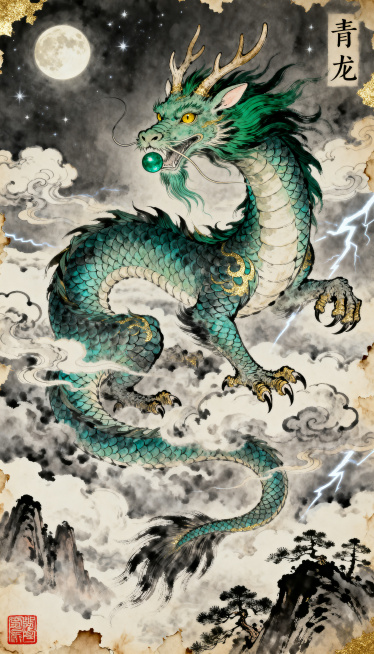 东方神兽青龙，体长蜿蜒龙形，青碧色鳞片，背脊深绿色鬃毛；头似驼角似鹿眼似兔金色竖瞳，须髯飘逸口含青色宝珠；四肢粗壮爪似鹰五趾，尾似蛇末端带鬃毛；腾云驾雾身体S形蜿蜒，高昂头部目视前方；位于东方苍茫云海预览效果