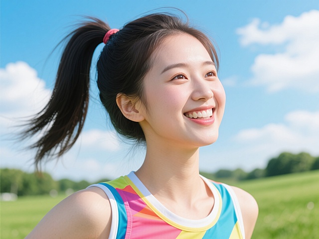 一位充满阳光活力的年轻女生，笑容灿烂，眼睛明亮有神，扎着高马尾，穿着色彩鲜艳的运动服，背景是蓝天白云和绿色草地，整体画面明亮清新，充满积极向上的氛围