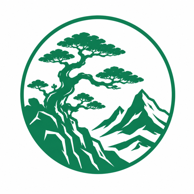 苍山古松图标设计，山脉上生长着古老苍劲的松树，整体色调使用指定色号#197e51，仅保留图案，不包含任何文字，简约扁平化风格预览效果