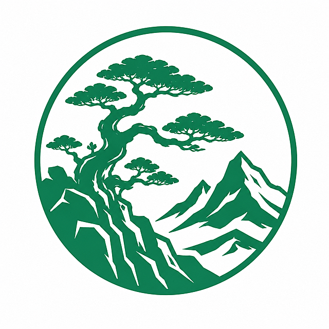 苍山古松图标设计，山脉上生长着古老苍劲的松树，整体色调使用指定色号#197e51，仅保留图案，不包含任何文字，简约扁平化风格