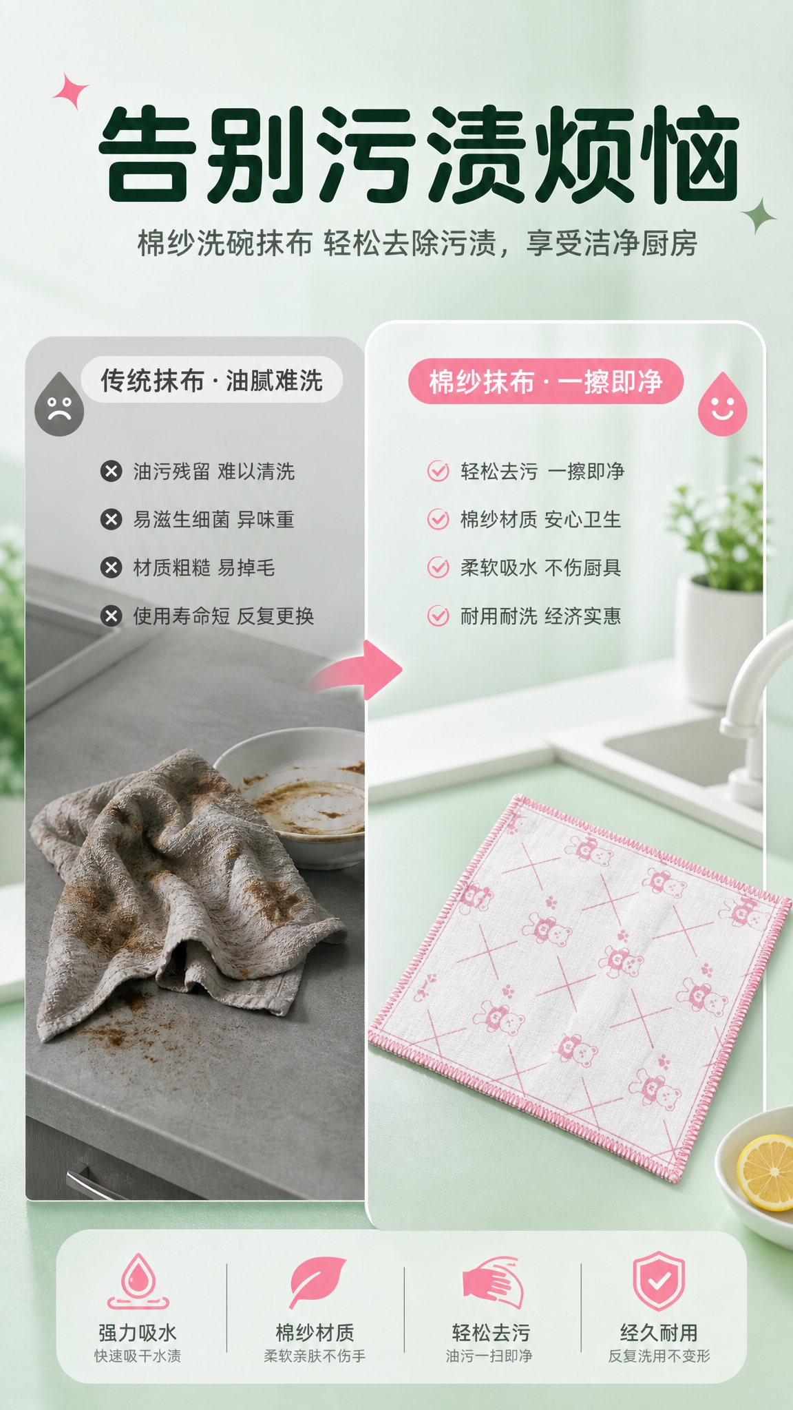 [商品] 使用【图1】新款棉纱抹布（粉白格子+粉色锁边），平铺… - 图片创意预览