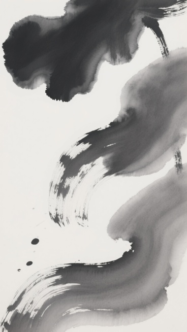 黑白水墨风格抽象背景，大片留白与深浅不一的灰色墨晕交织，呈现出自然流淌的水渍纹理和边缘扩散效果，墨色浓淡层次丰富，从深灰到浅灰渐变过渡自然，笔触具有湿润晕染的质感，整体构图空灵写意，营造出宁静悠远的东方意境，变换水墨造型，保留水墨流动感和层次感，形成新的抽象水墨纹理布局。预览效果