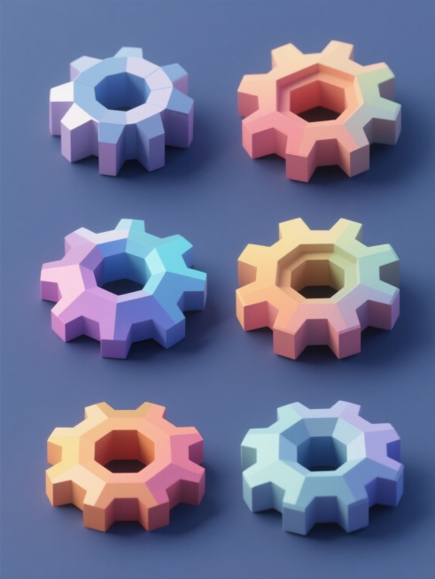 6个不同配色、不同造型的3D立体齿轮素材集合，保持统一的低多边形几何风格，每个齿轮拥有独特的齿形设计和切面结构，采用纯色背景，齿轮表面有平滑的渐变色彩过渡和清晰的高光阴影表现，整体画面规整排布，色彩搭配和谐且各具特色，展现出机械感与设计美感的结合。预览效果